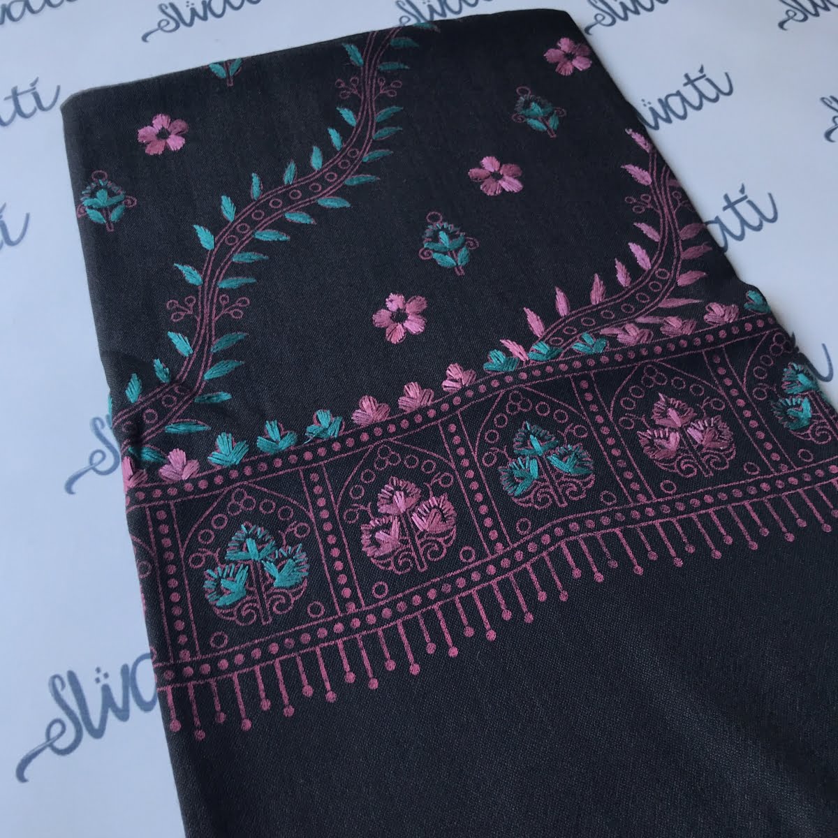 Black Woolen Shawl Hand embroided with Pinkish Color