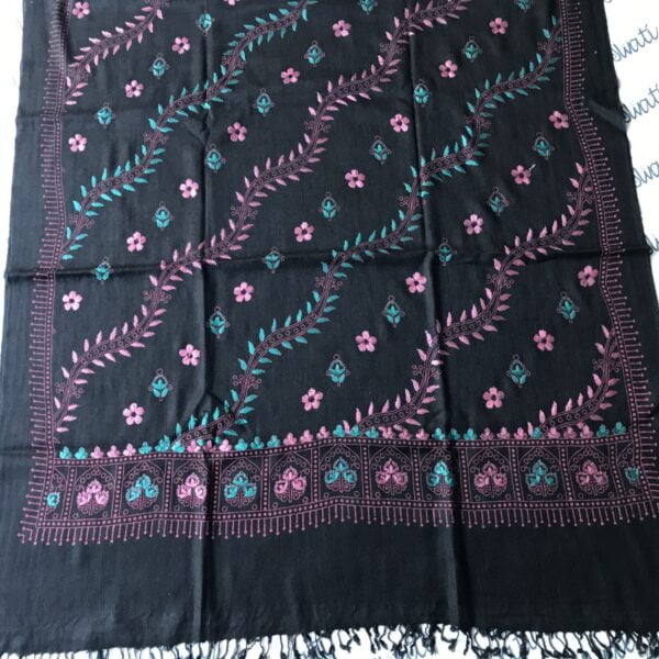 Black Woolen Shawl Hand embroided with Pinkish Color