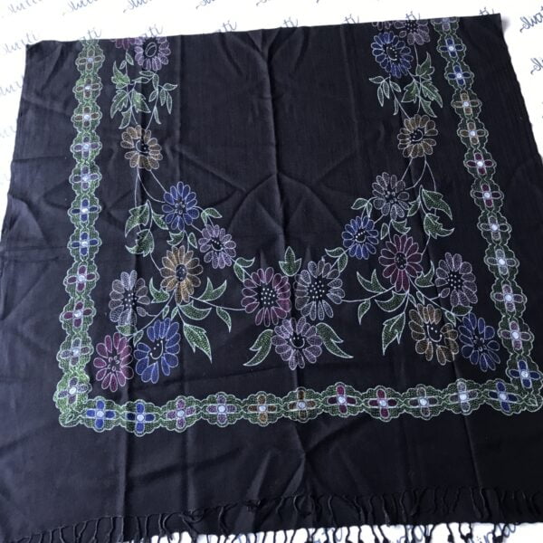 Black Woolen Shawl with Light Sui Kaam for Women