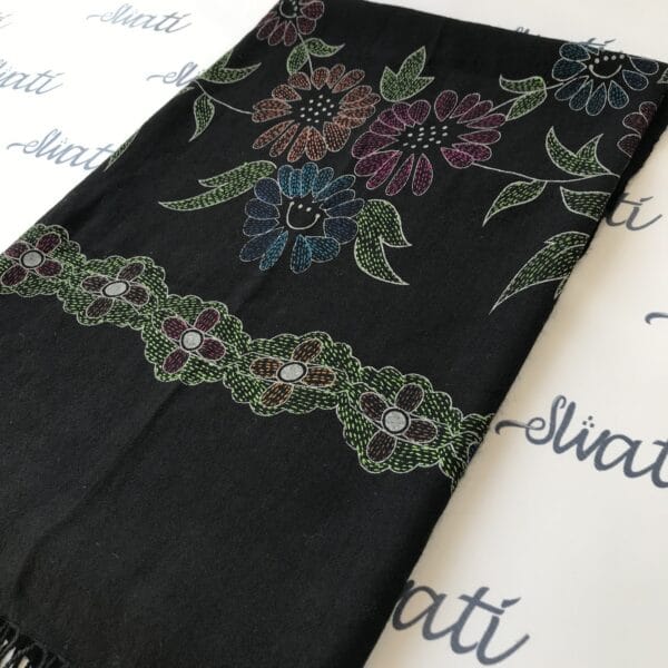 Black Swati Shawl with printed pattern and sui kaam hand embroidery