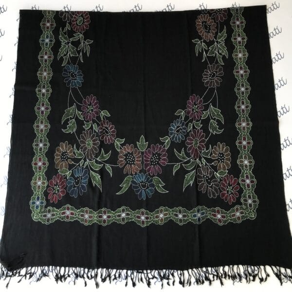 Black Swati Shawl with printed pattern and sui kaam hand embroidery