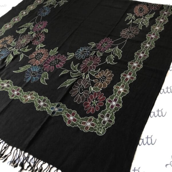 Black Swati Shawl with printed pattern and sui kaam hand embroidery