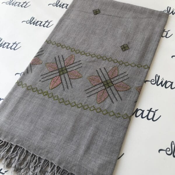 Gray Swati Women Woolen Shawl with Green Machine Embroidery