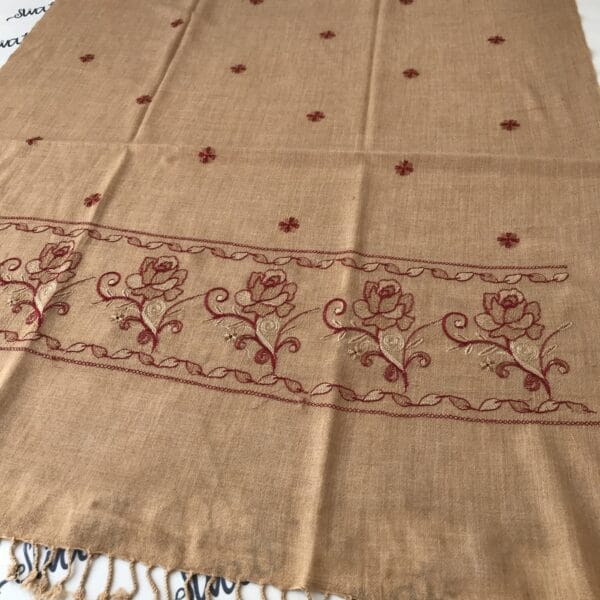 Women woolen shawl cream color with mehroon machine embroidery