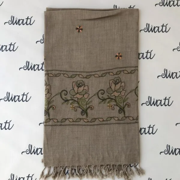 Woolen shawl for women with attractive green and camel color machine embroidery