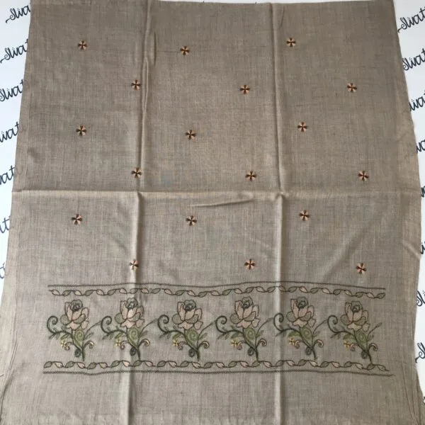Woolen shawl for women with attractive green and camel color machine embroidery