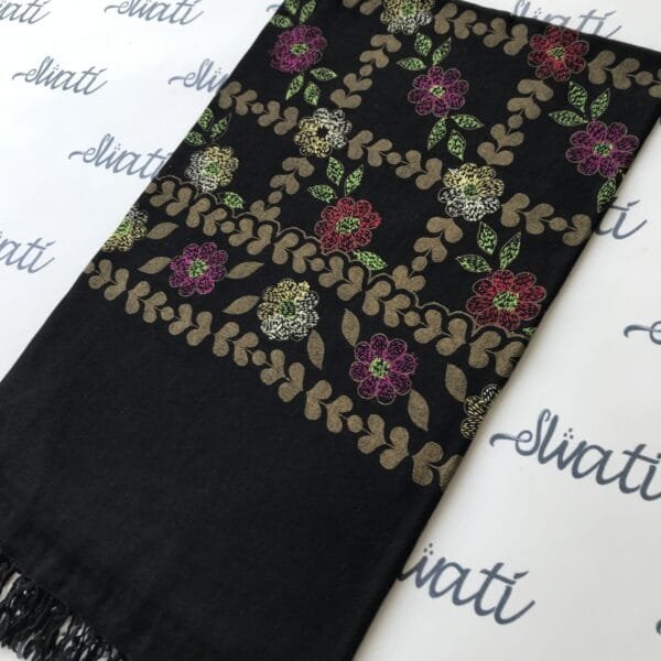Black swati shawl with golden printed and sui kaam design