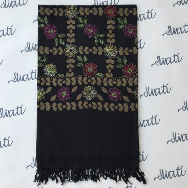 Black swati shawl with golden printed and sui kaam design