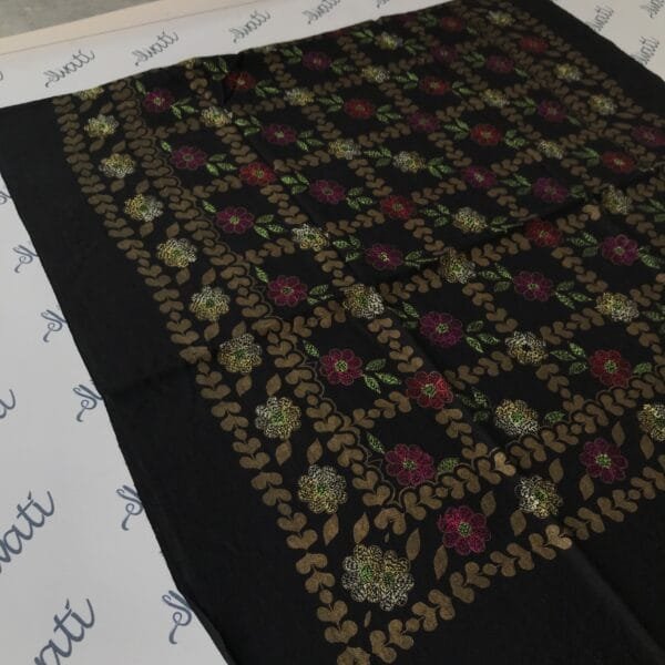 Black swati shawl with golden printed and sui kaam design