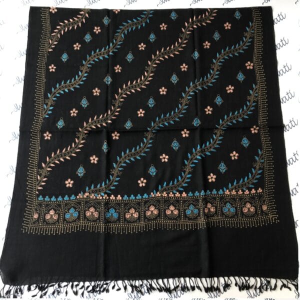 Black swati woolen shawl with feroza hand embroidery