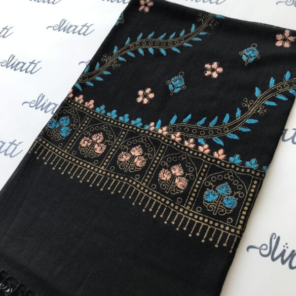 Black swati woolen shawl with feroza hand embroidery