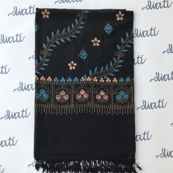 Black swati woolen shawl with feroza hand embroidery