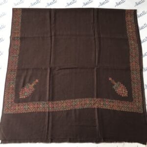 Swati black woolen shawl with printed pattern and hand sui kaam