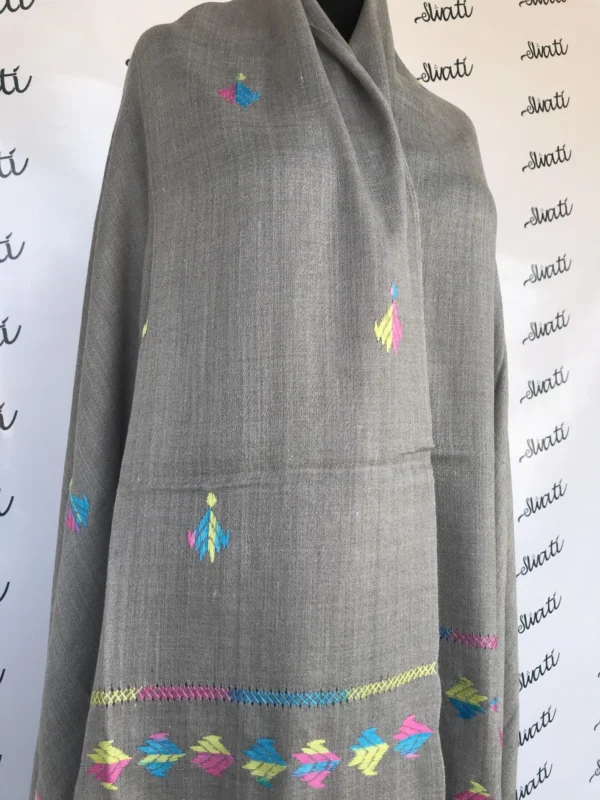 Multi-color swati embroidery on gray woolen shawl