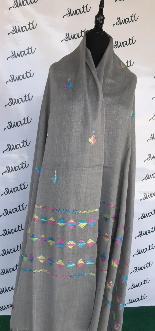 Multi-color swati embroidery on gray woolen shawl