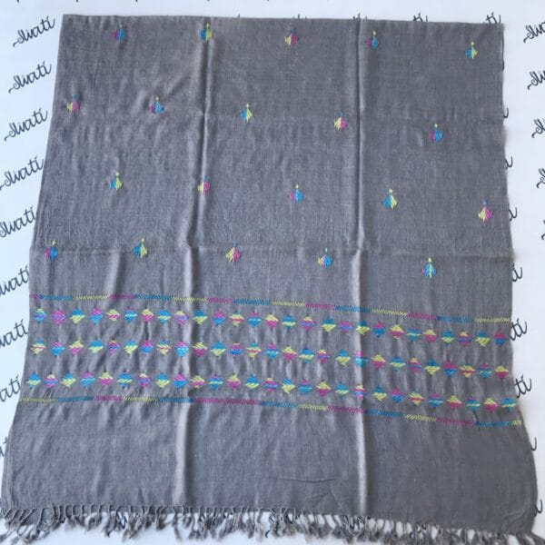 Multi-color swati embroidery on gray woolen shawl