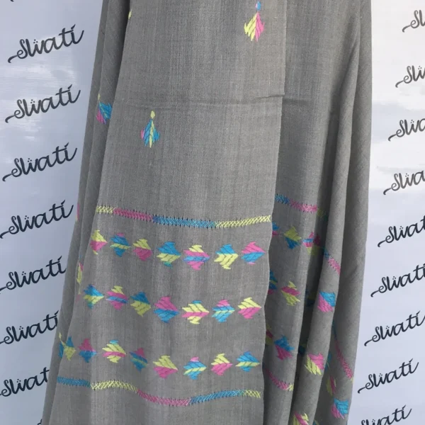 Multi-color swati embroidery on gray woolen shawl