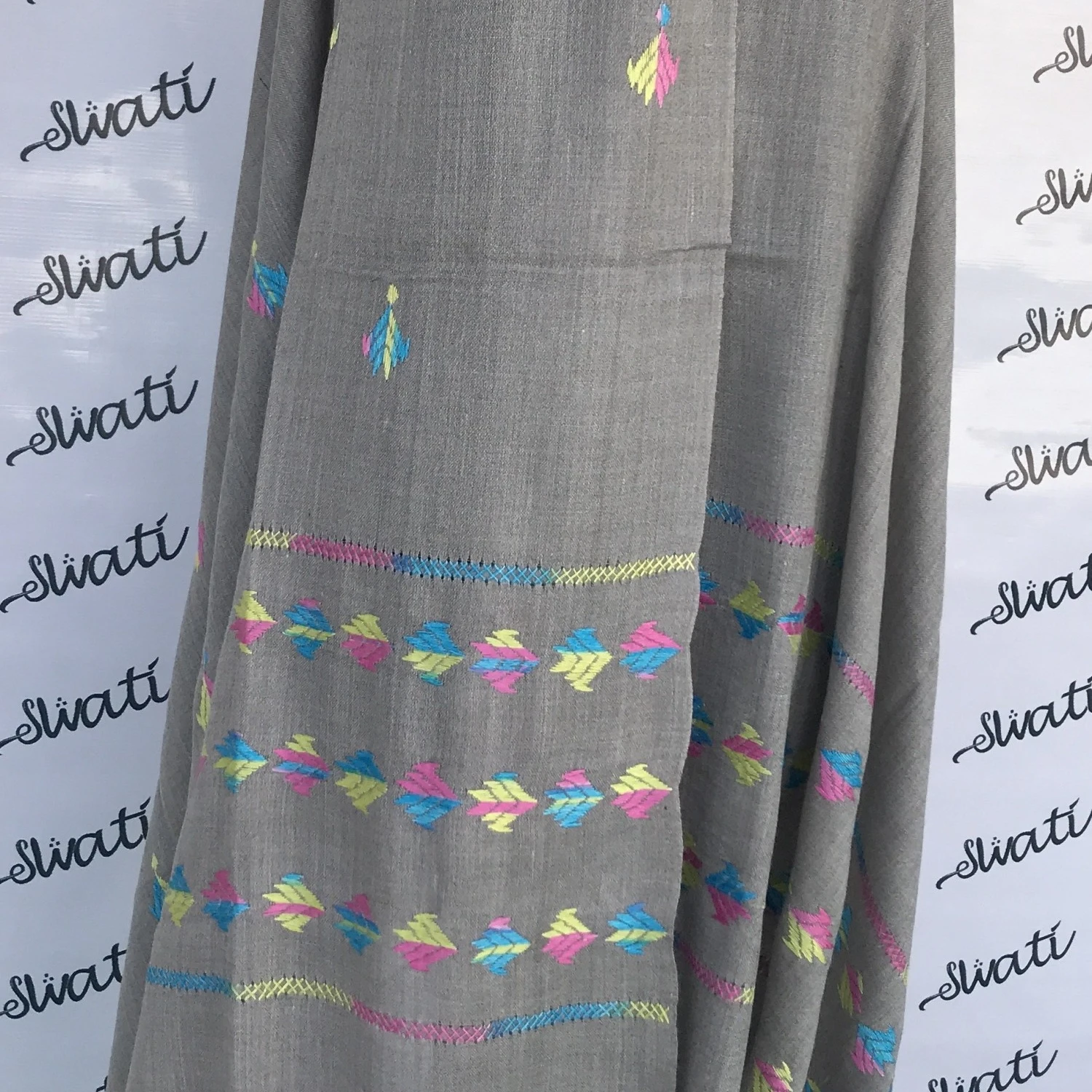 Multi-color swati embroidery on gray woolen shawl - Swati Shawls