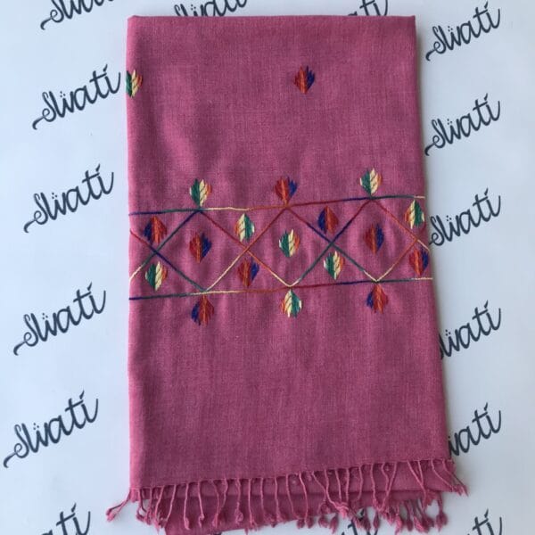 Multi color swati embroidery on pink woolen women shawl