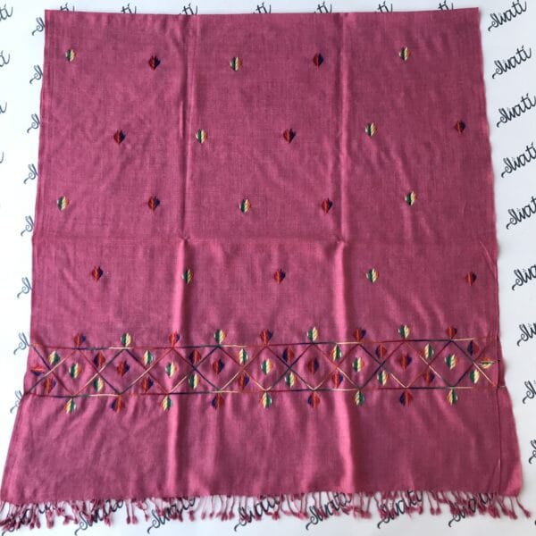 Multi color swati embroidery on pink woolen women shawl