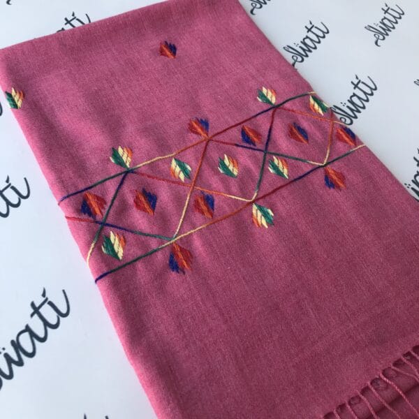 Multi color swati embroidery on pink woolen women shawl