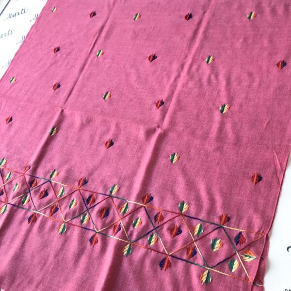 Multi color swati embroidery on pink woolen women shawl