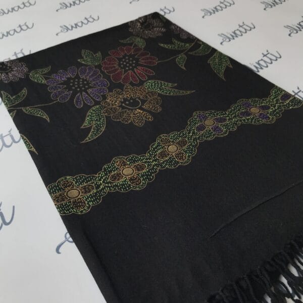 Swati black woolen shawl with printed pattern and hand sui kaam