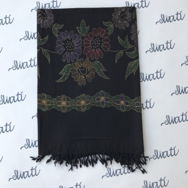 Swati black woolen shawl with printed pattern and hand sui kaam