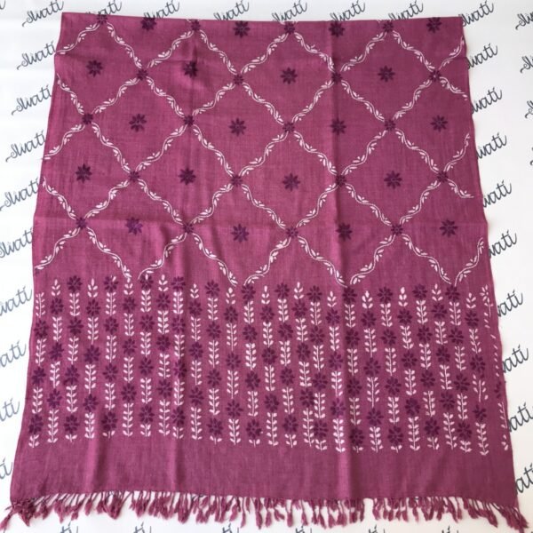Hand embroidered women pink woolen shawl with white and brown embroidery