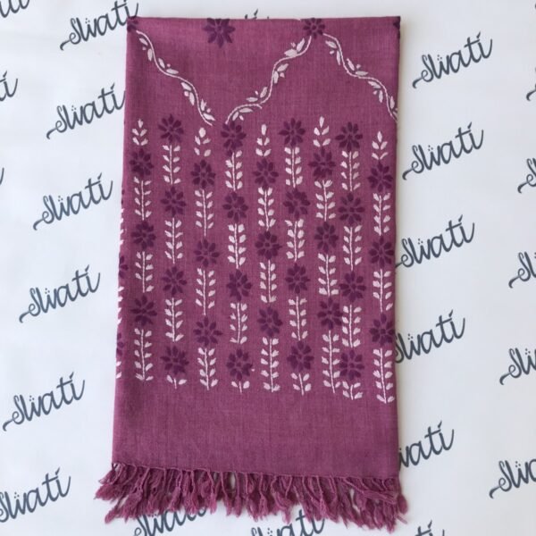 Hand embroidered women pink woolen shawl with white and brown embroidery