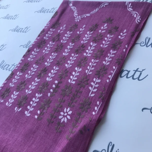 Hand embroidered women pink woolen shawl with white and brown embroidery - Image 3