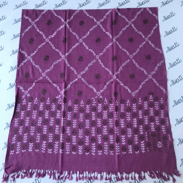 Hand embroidered women pink woolen shawl with white and brown embroidery