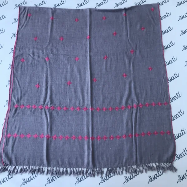Swati woolen shawl gray color - pink embroidery with hand embroidered border