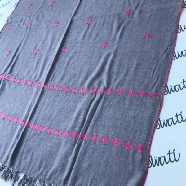 Swati woolen shawl gray color - pink embroidery with hand embroidered border