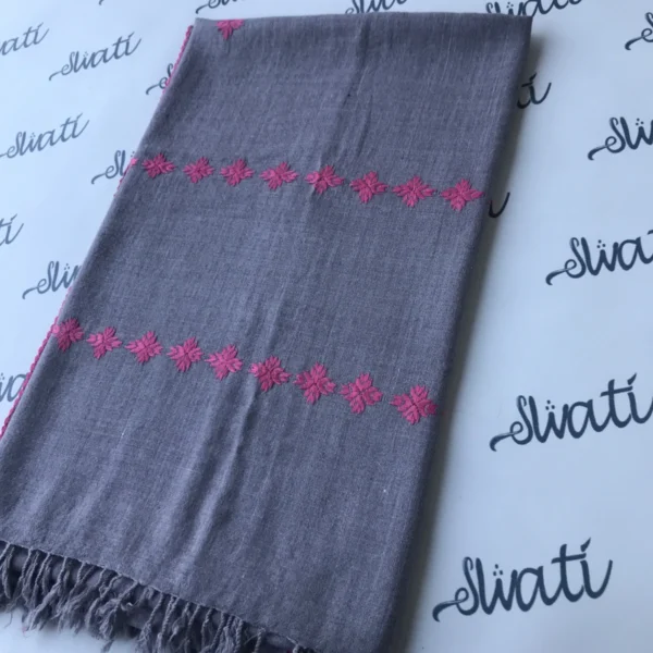 Swati woolen shawl gray color - pink embroidery with hand embroidered border