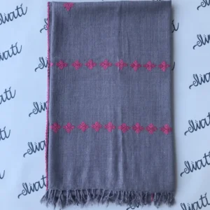 Swati woolen shawl gray color - pink embroidery with hand embroidered border