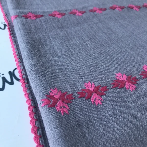 Swati woolen shawl gray color - pink embroidery with hand embroidered border