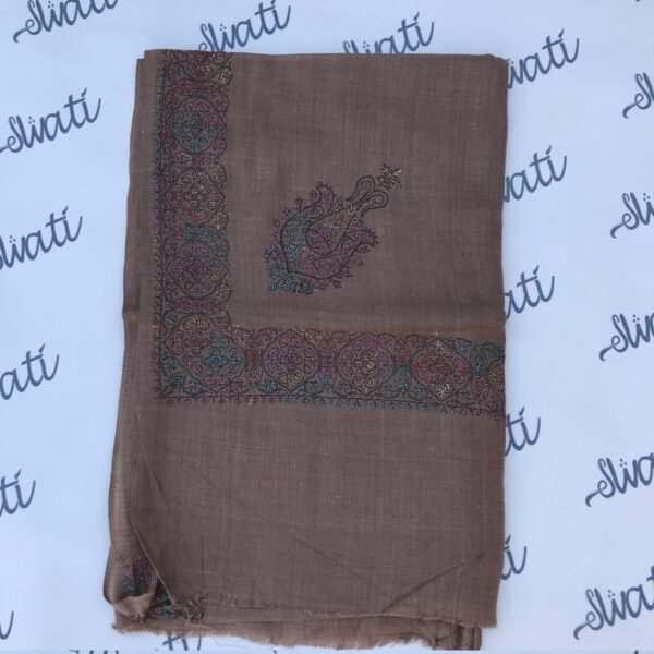 Dark brown pashmina shawl for women with full border printed and sui kaam