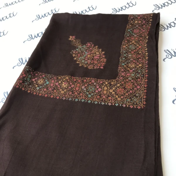 Dark brown pashmina shawl for women with full border printed and sui kaam
