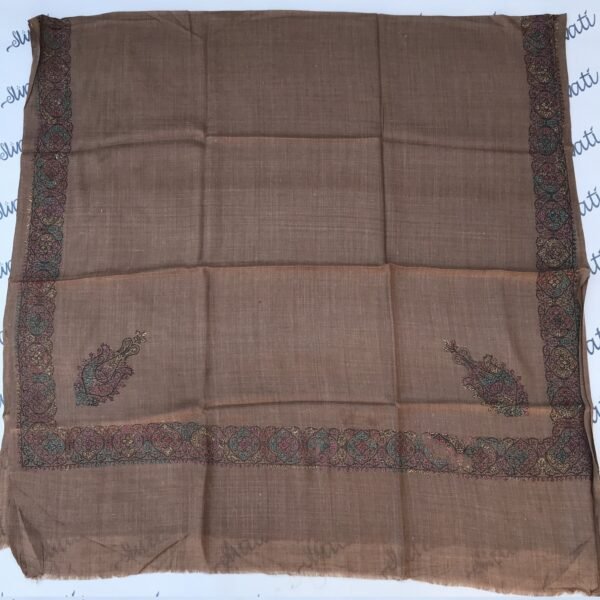 Dark brown pashmina shawl for women with full border printed and sui kaam
