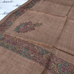 Dark brown pashmina shawl for women with full border printed and sui kaam