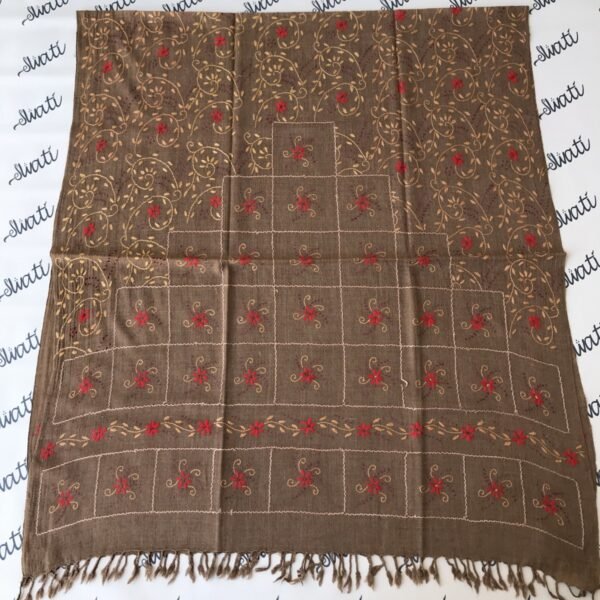 Premium swati woolen women shawl with maroon hand embroidery and taar kashi