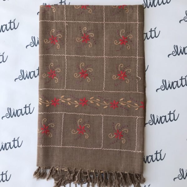 Premium swati woolen women shawl with maroon hand embroidery and taar kashi