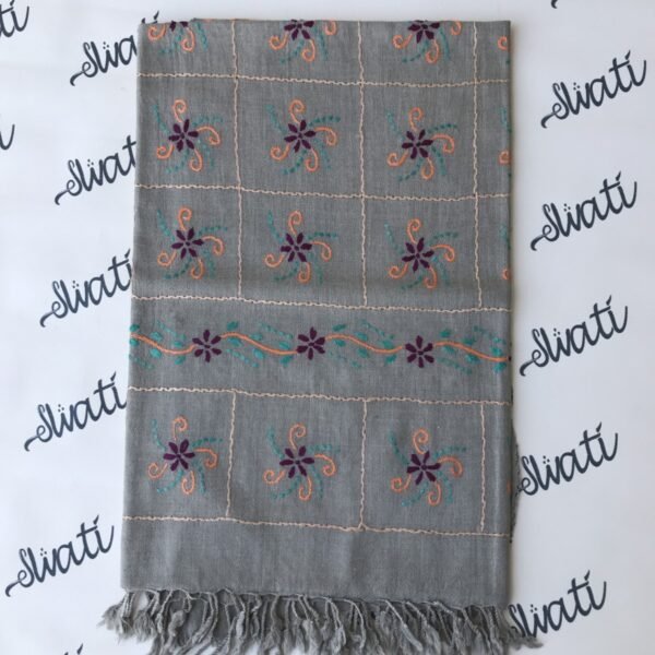 Women gray color Swati Shawl with orange and feroza taar kashi embroidery