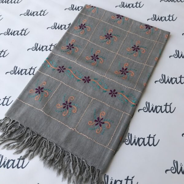 Women gray color Swati Shawl with orange and feroza taar kashi embroidery