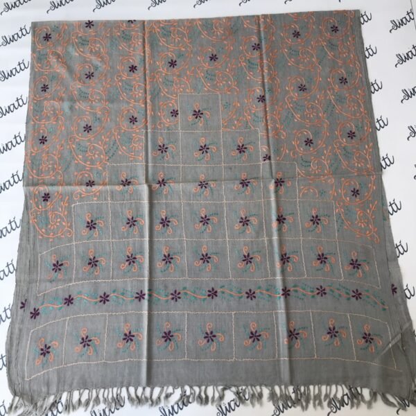 Women gray color Swati Shawl with orange and feroza taar kashi embroidery