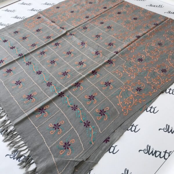 Women gray color Swati Shawl with orange and feroza taar kashi embroidery