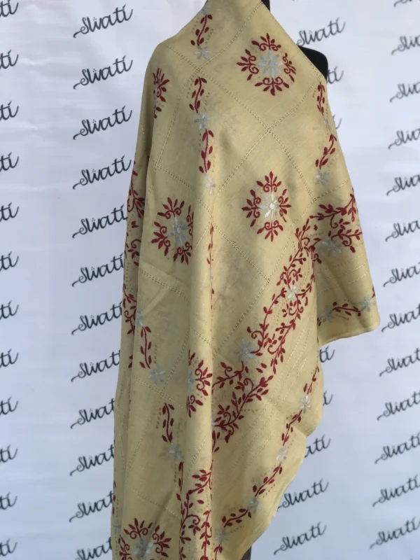 Light Color women woolen Shawl with hand embroidery and taar kashi - maron color embroidery