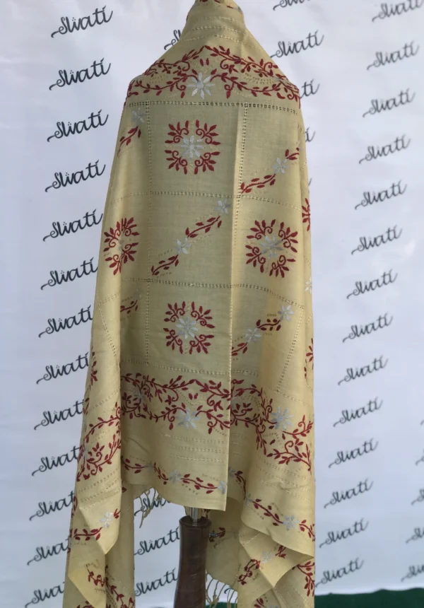 Light Color women woolen Shawl with hand embroidery and taar kashi - maron color embroidery