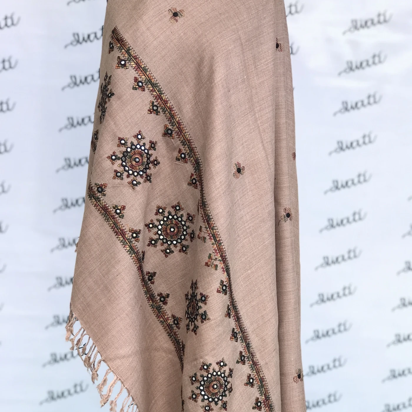Attractive machine embroided shawl brown color